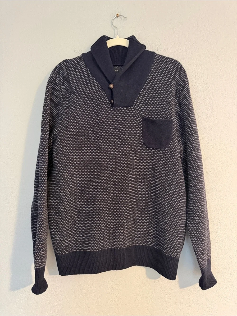 J. Crew Men's Navy Lambswool Shawl Collar Jacquard Sweater in M